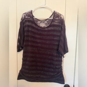 Warehouse Purple Short Sleeve Lace-Accent Metallic Stripe Top